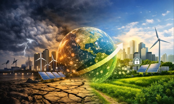 Net resilient sustainability concept showing transition from industrial systems to sustainable resilient systems